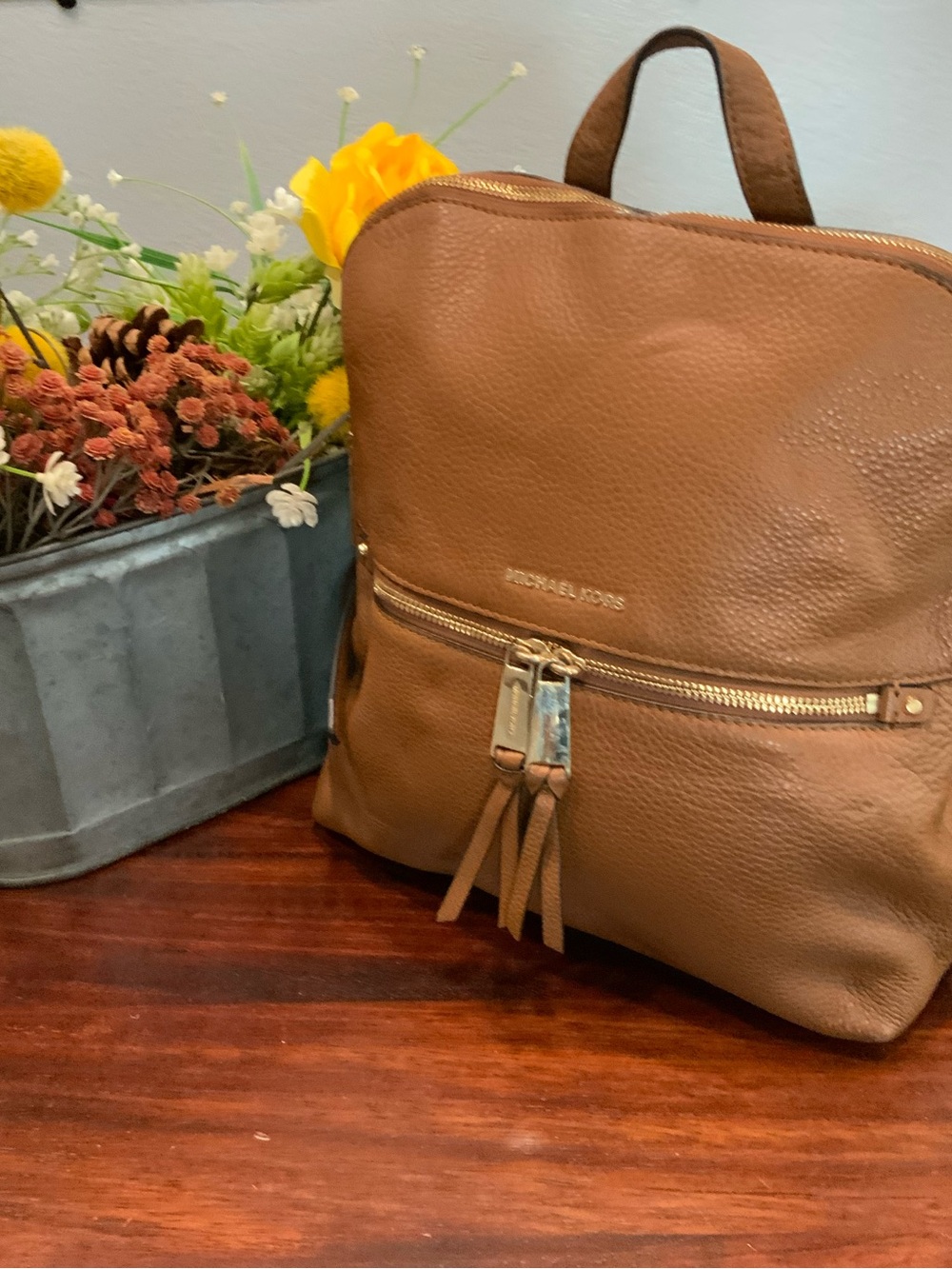 Michael Kors Brown Pebbled Leather Backpack with Gold Hardware